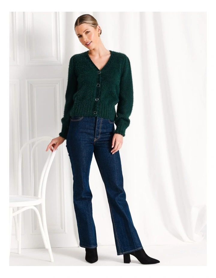 Recycled Blend V-Neck Fluffy Knit Cardigan in Dark Green image 3