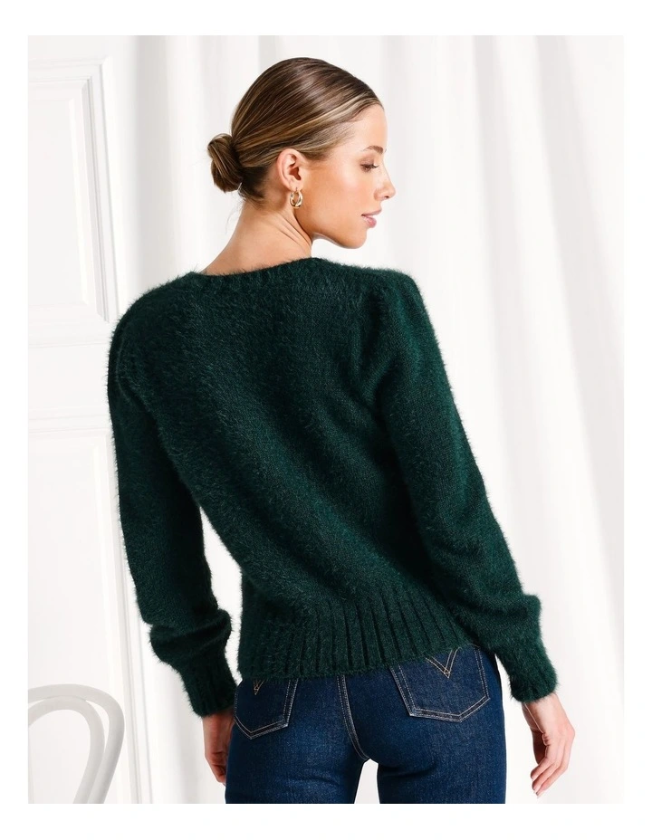 Recycled Blend V-Neck Fluffy Knit Cardigan in Dark Green image 5