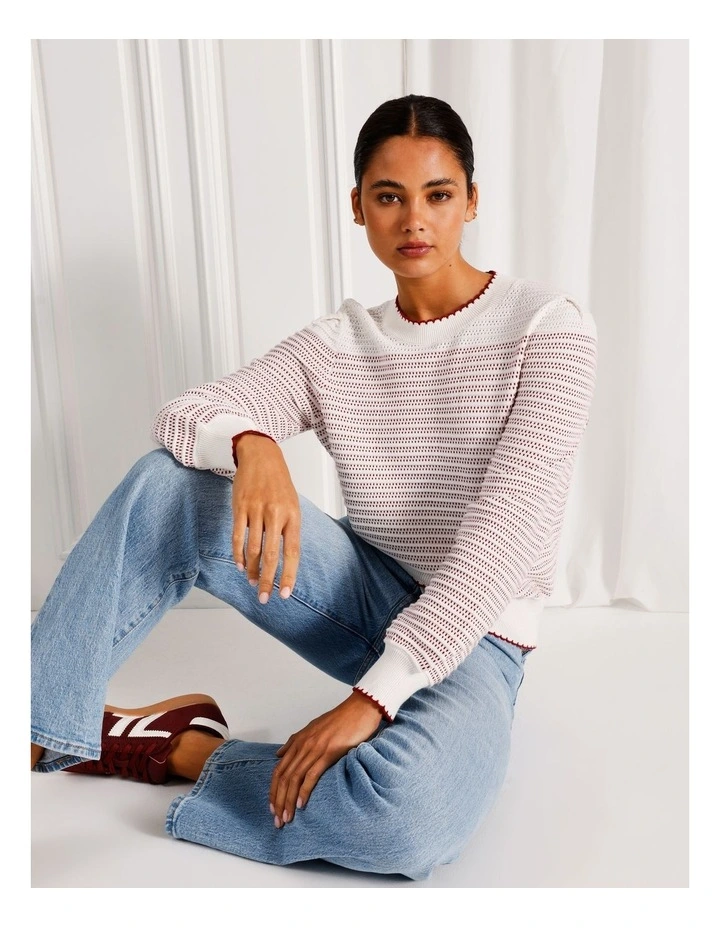 Organic Cotton Scallop Edge Jumper in Cream/Cherry Stripe image 1