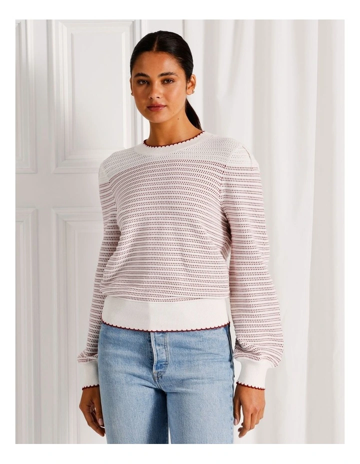 Organic Cotton Scallop Edge Jumper in Cream/Cherry Stripe image 2