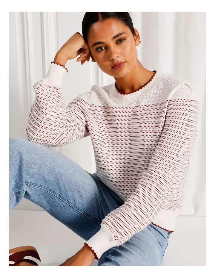 Organic Cotton Scallop Edge Jumper in Cream/Cherry Stripe image 6