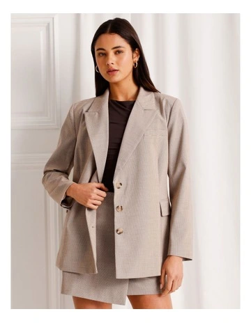 Check Asymmetrical Button Blazer in Brown