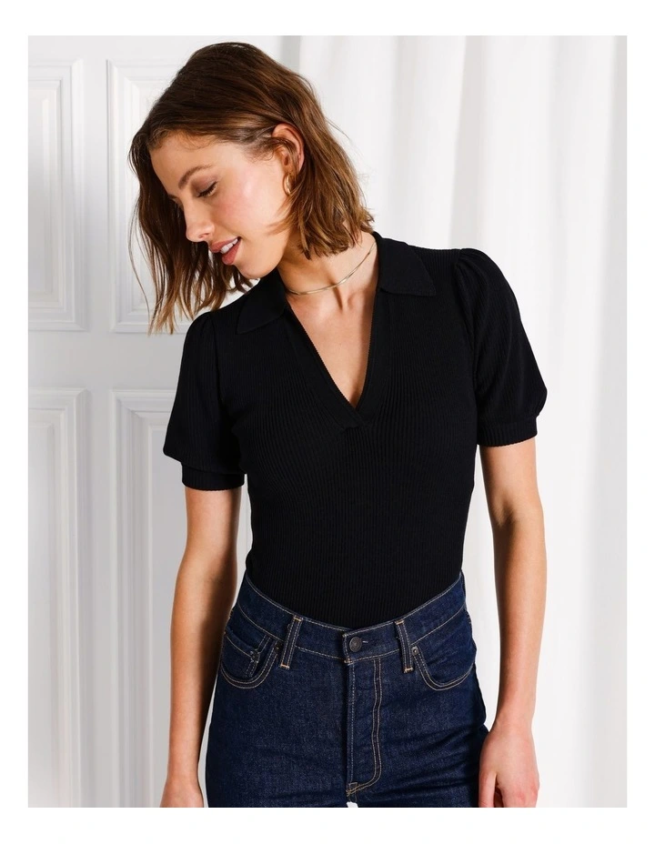 Puff Sleeve Rib Knit Polo in Black image 1