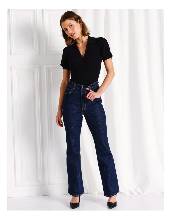 Puff Sleeve Rib Knit Polo in Black image 3