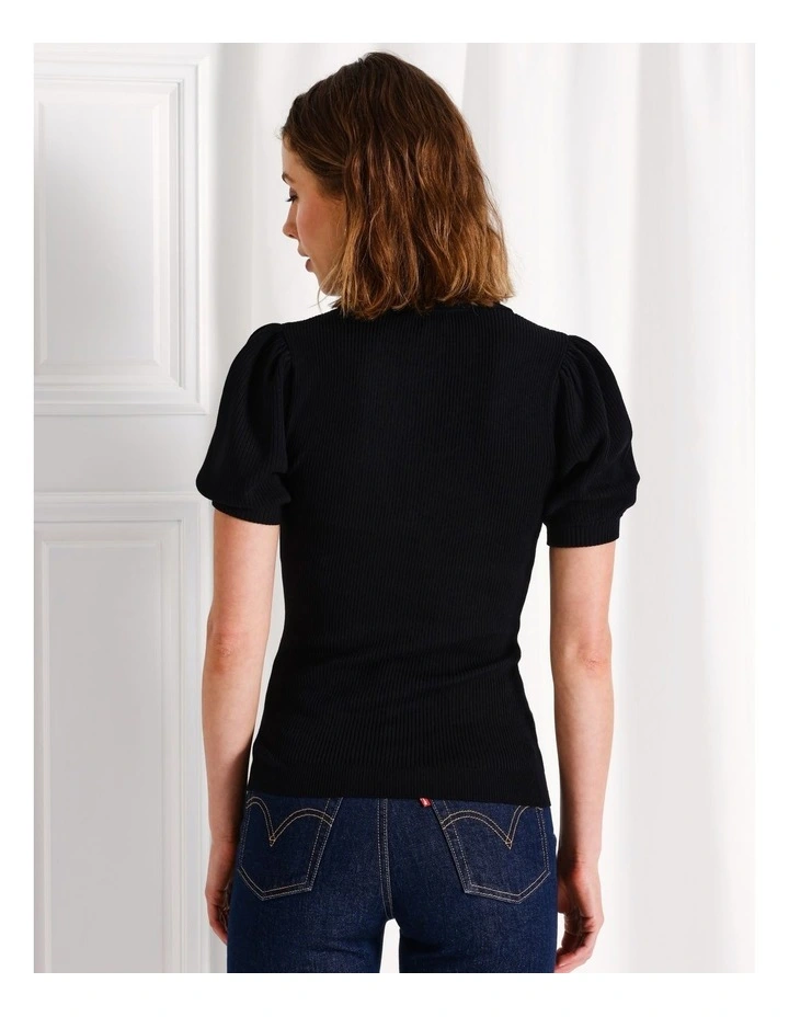 Puff Sleeve Rib Knit Polo in Black image 5