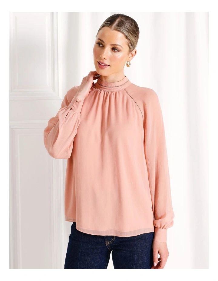 Ladder Trim Detail Raglan Sleeve Blouse in Dusty Pink image 1