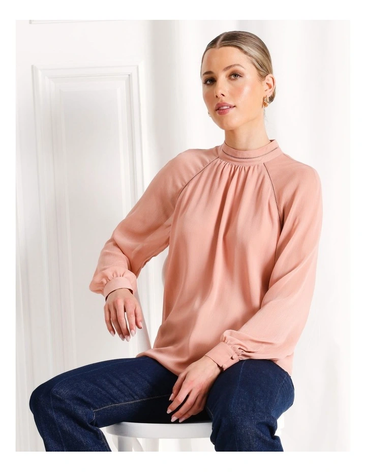 Ladder Trim Detail Raglan Sleeve Blouse in Dusty Pink image 6