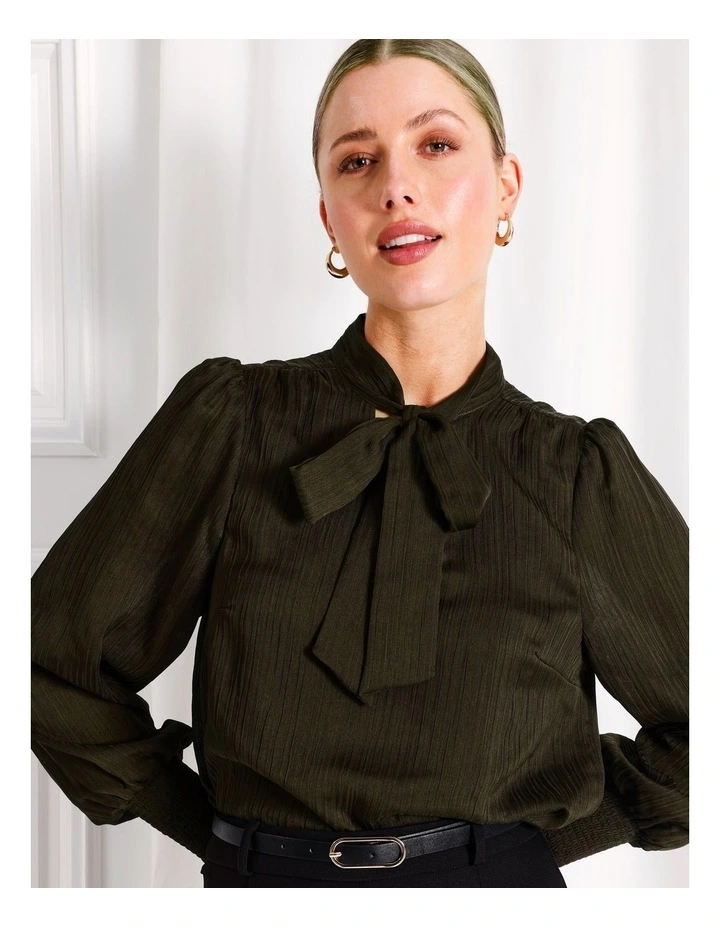 Neck Tie Shirred Cuff Blouse in Khaki image 1