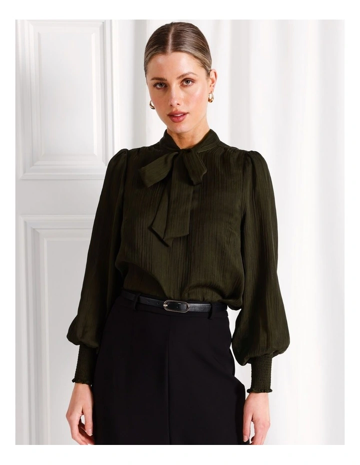 Neck Tie Shirred Cuff Blouse in Khaki image 2