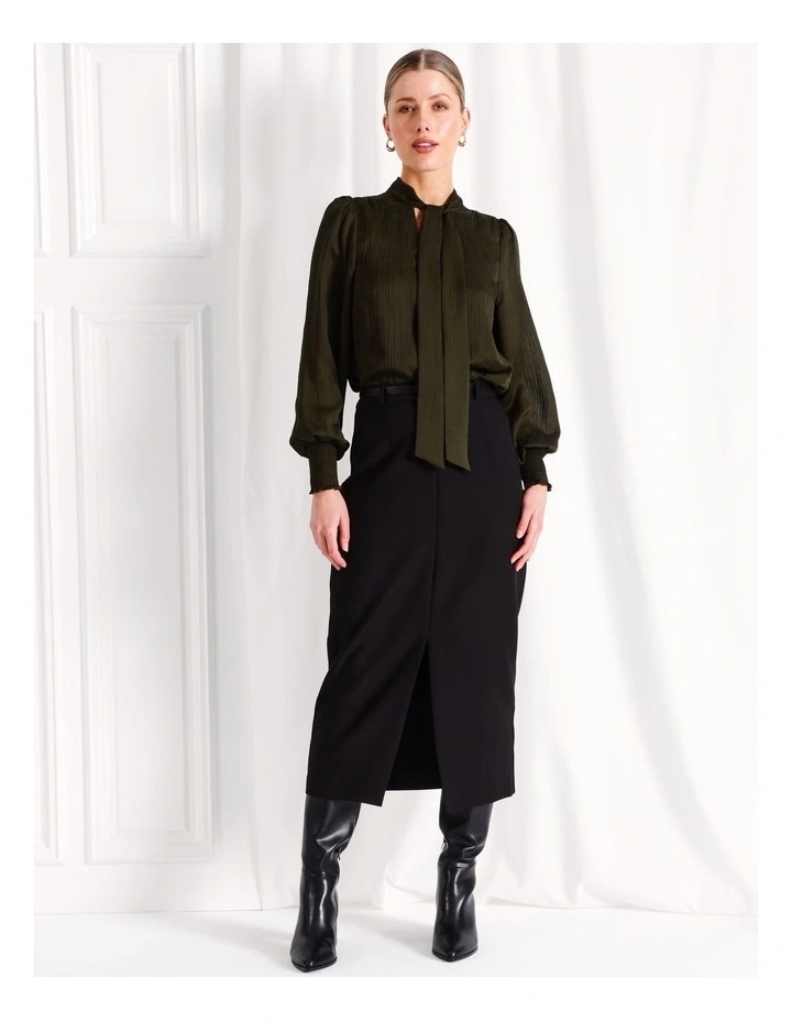 Neck Tie Shirred Cuff Blouse in Khaki image 3