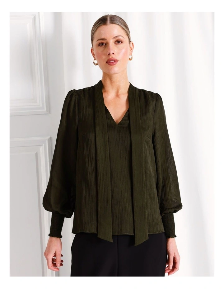 Neck Tie Shirred Cuff Blouse in Khaki image 4