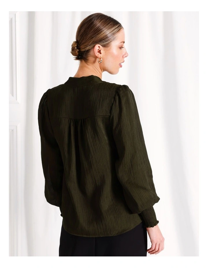 Neck Tie Shirred Cuff Blouse in Khaki image 5