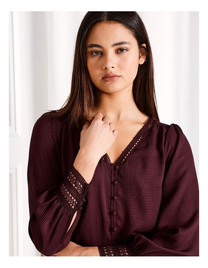 Lace Trim V-Neck Button Down Blouse in Wine image 2