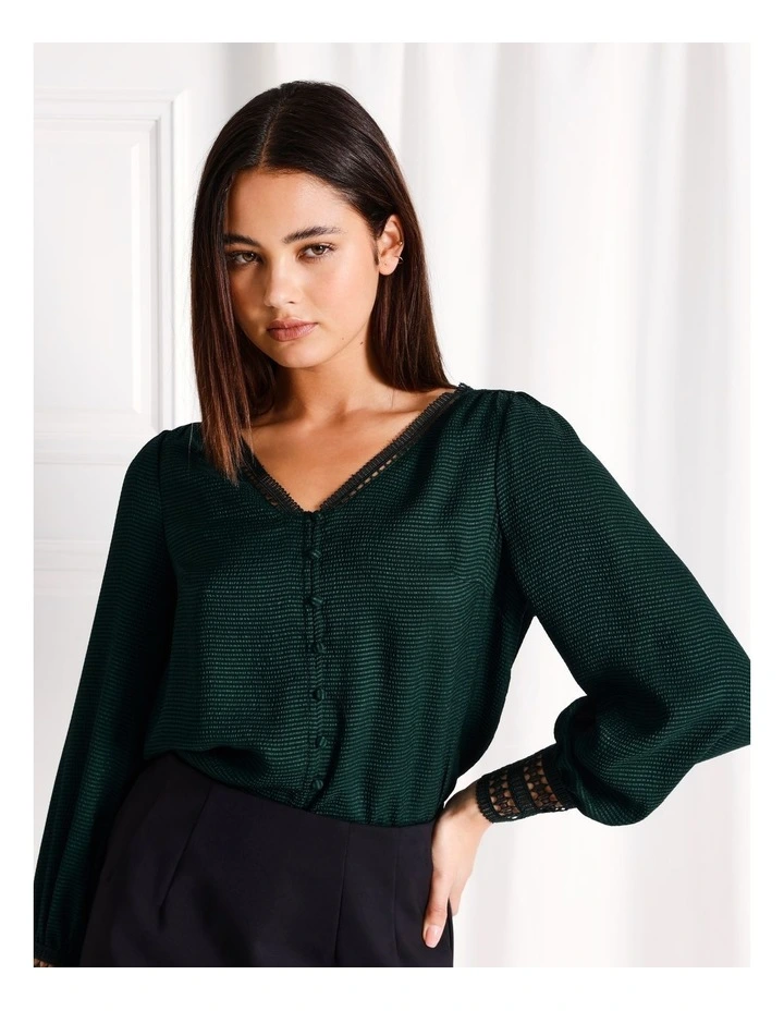 Lace Trim V-Neck Button Down Blouse in Dark Green image 1
