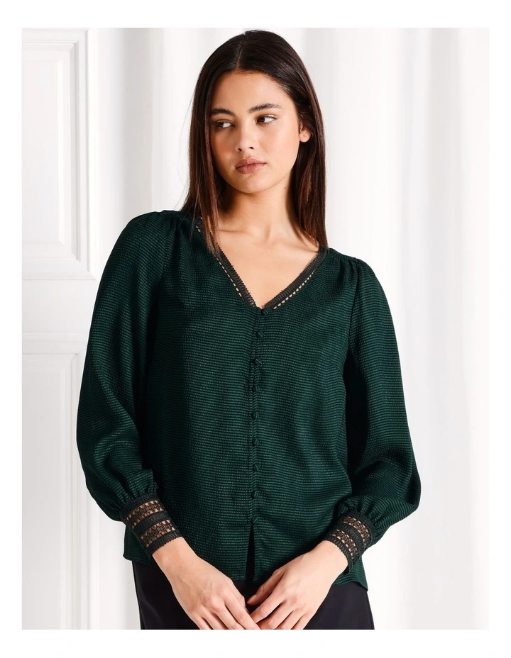 Lace Trim V-Neck Button Down Blouse in Dark Green image 2