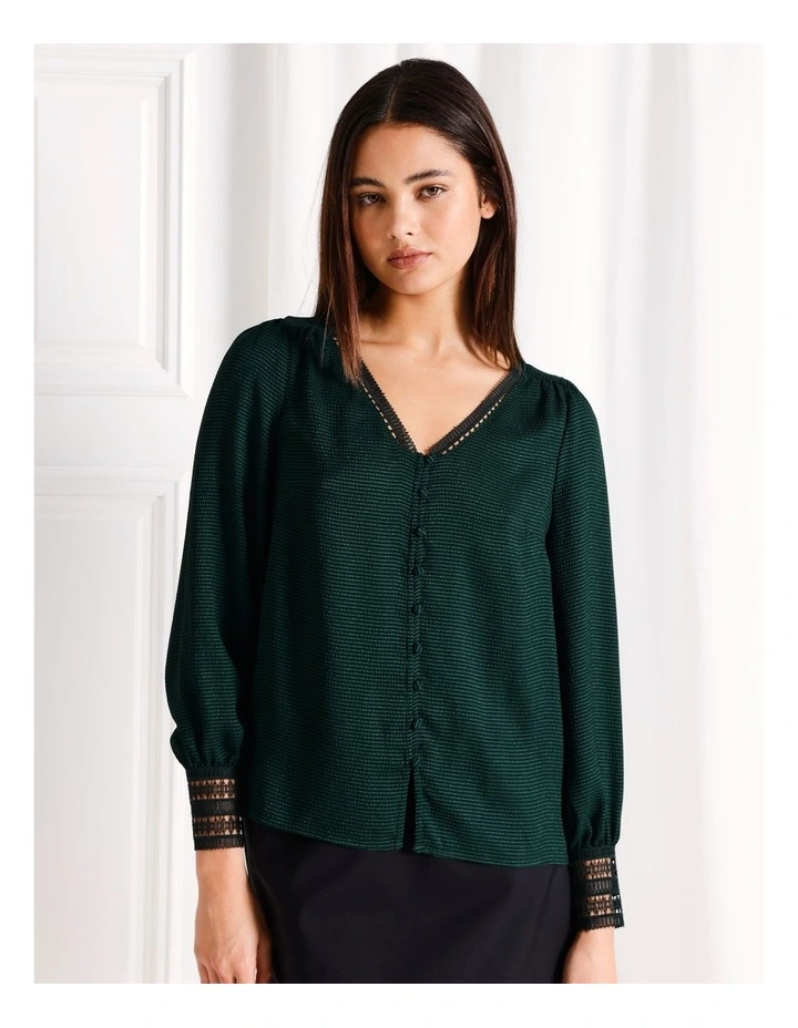Lace Trim V-Neck Button Down Blouse in Dark Green image 4