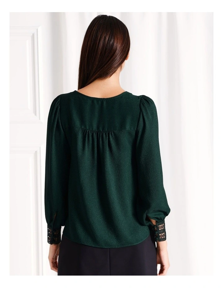 Lace Trim V-Neck Button Down Blouse in Dark Green image 5