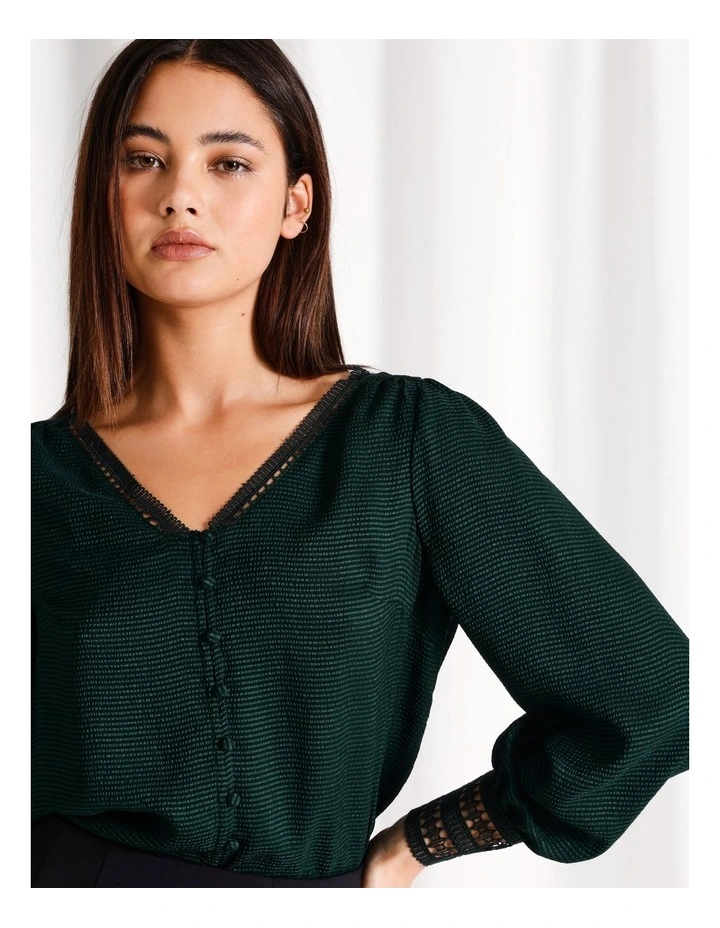 Lace Trim V-Neck Button Down Blouse in Dark Green image 6