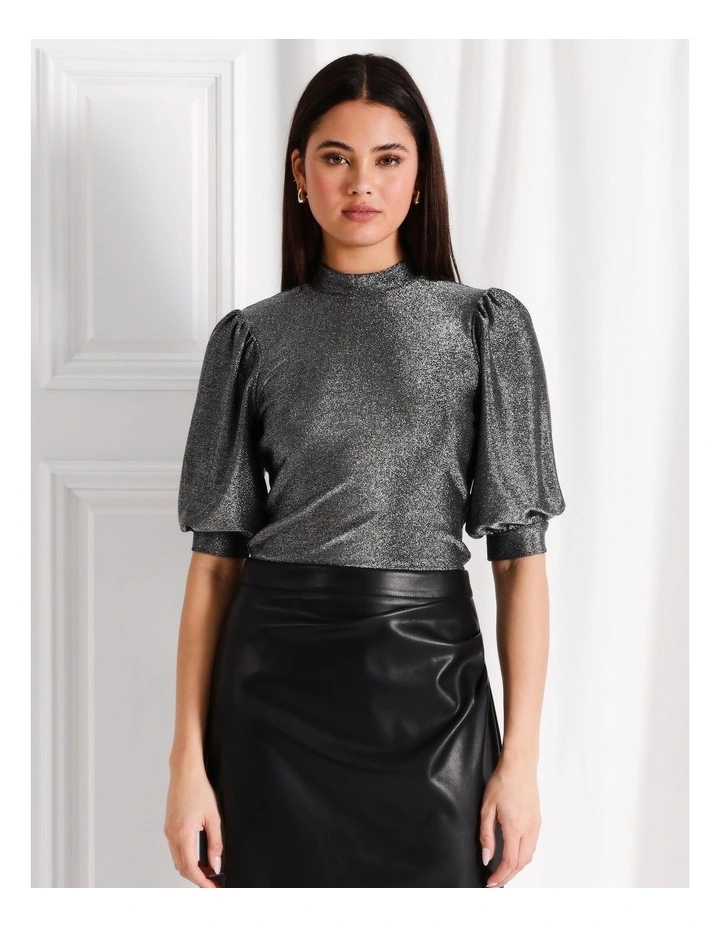 Glitter Puff Sleeve Tee in Silver image 1