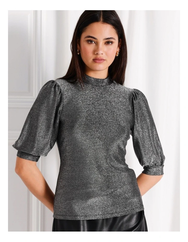Glitter Puff Sleeve Tee in Silver image 2