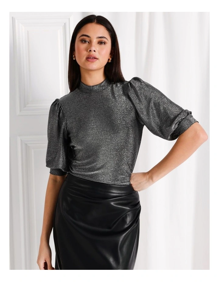 Glitter Puff Sleeve Tee in Silver image 6