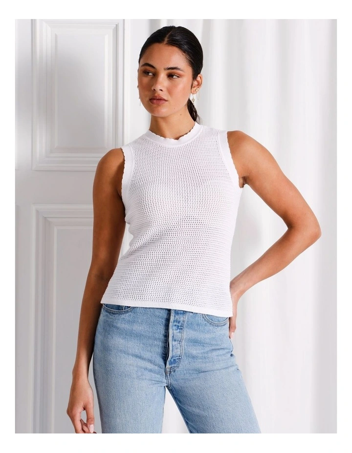 Organic Cotton Frill Sleeve Knit Top in White image 1