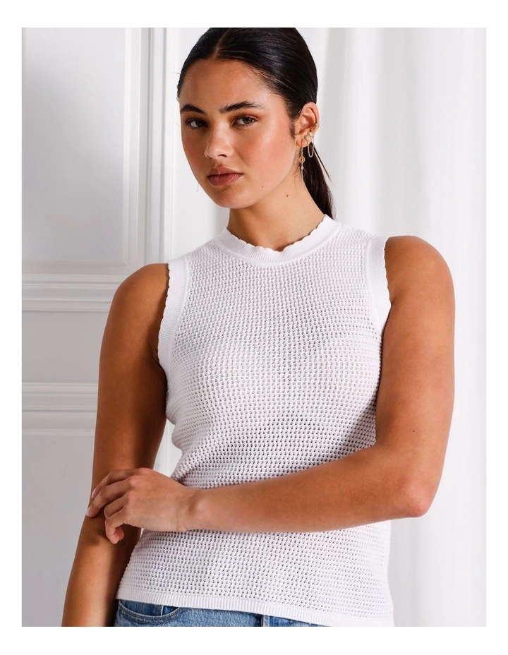 Organic Cotton Frill Sleeve Knit Top in White image 2