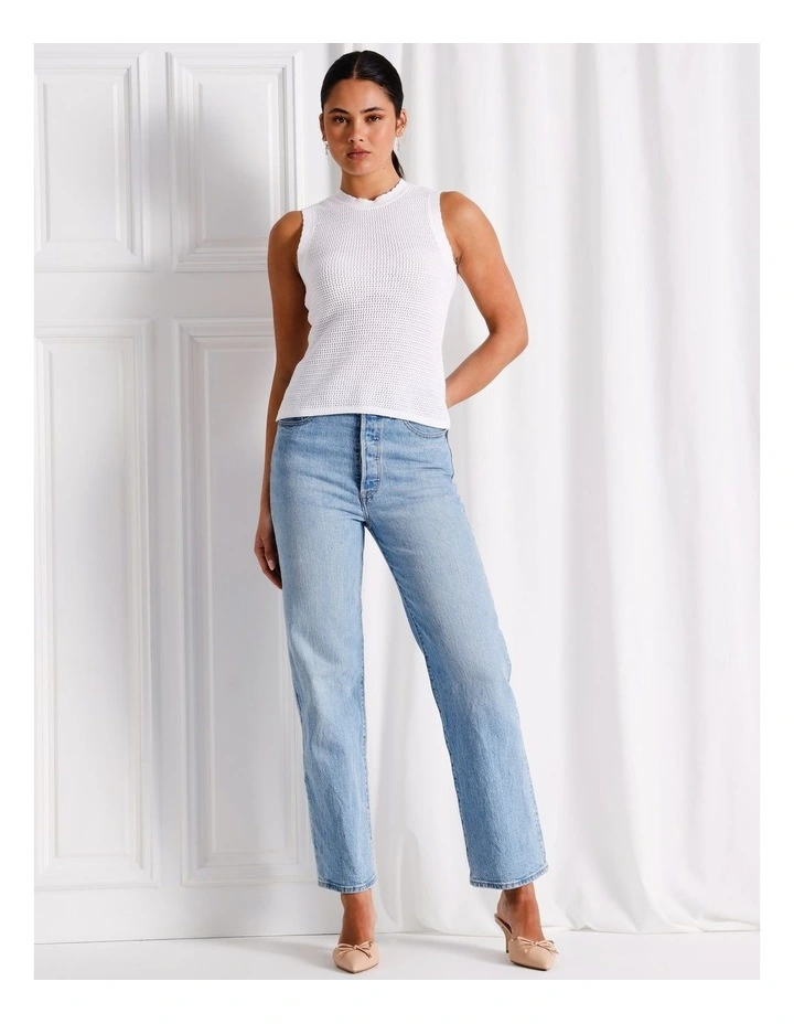 Organic Cotton Frill Sleeve Knit Top in White image 3
