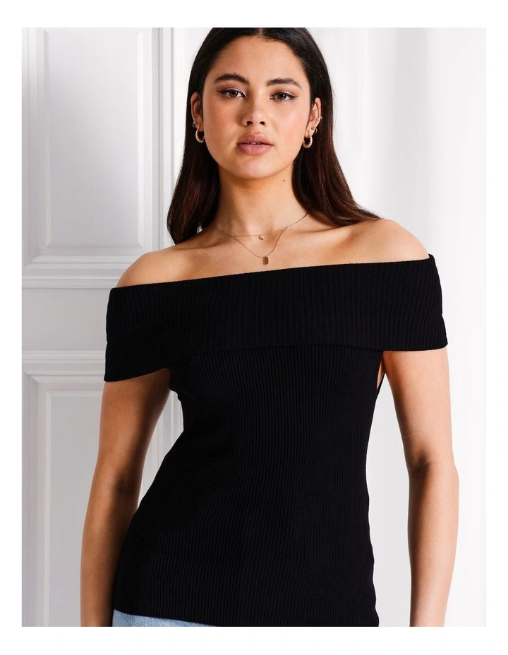 Off Shoulder Fold Over Knit Top in Black image 1
