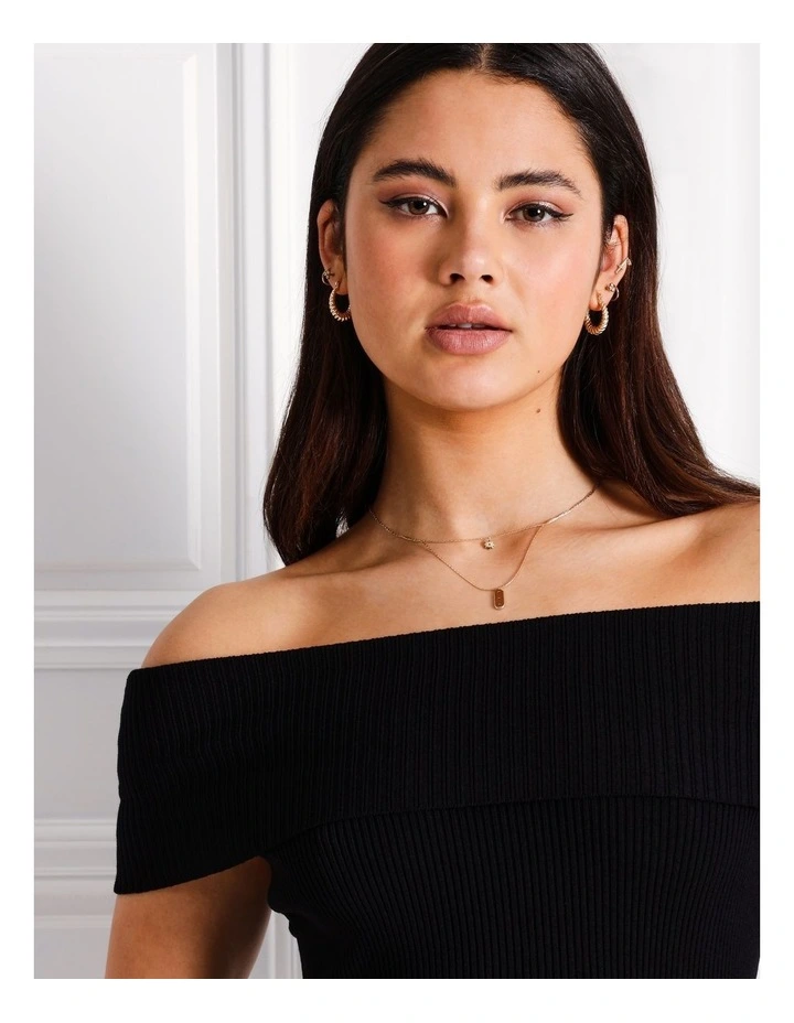 Off Shoulder Fold Over Knit Top in Black image 2