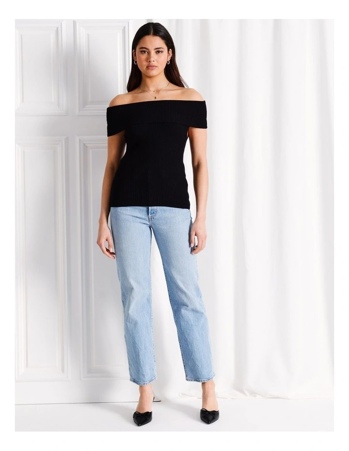 Off Shoulder Fold Over Knit Top in Black image 3