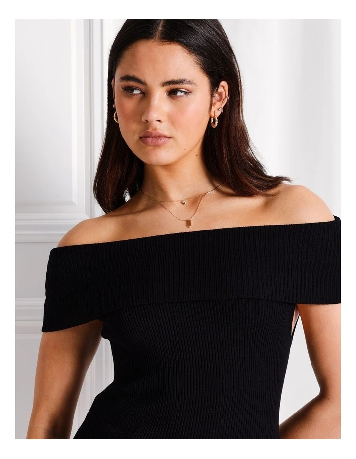 Off Shoulder Fold Over Knit Top in Black image 4