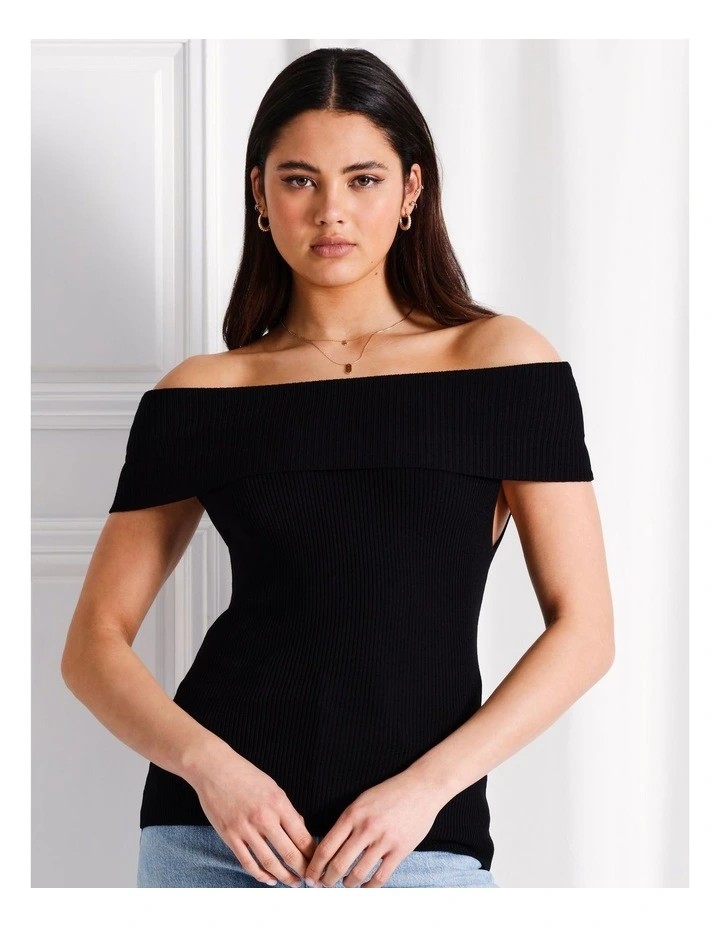 Off Shoulder Fold Over Knit Top in Black image 5