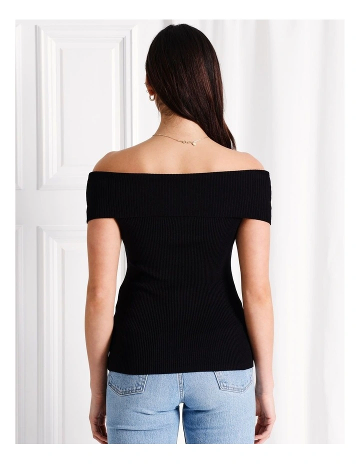Off Shoulder Fold Over Knit Top in Black image 6