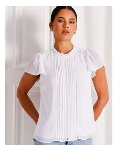 Flutter Sleeve Lace Trim Top in White