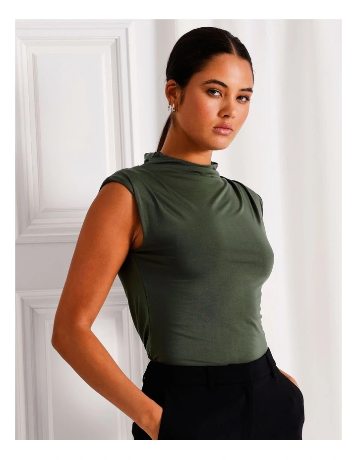 Soft Jersey High Neck Drape Top in Khaki image 1