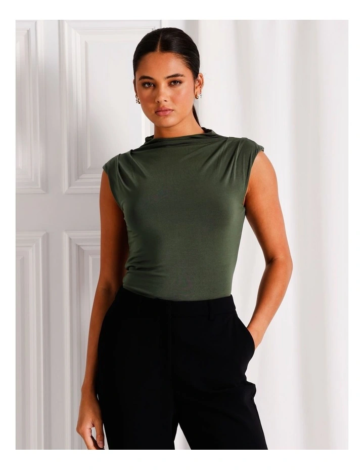 Soft Jersey High Neck Drape Top in Khaki image 2