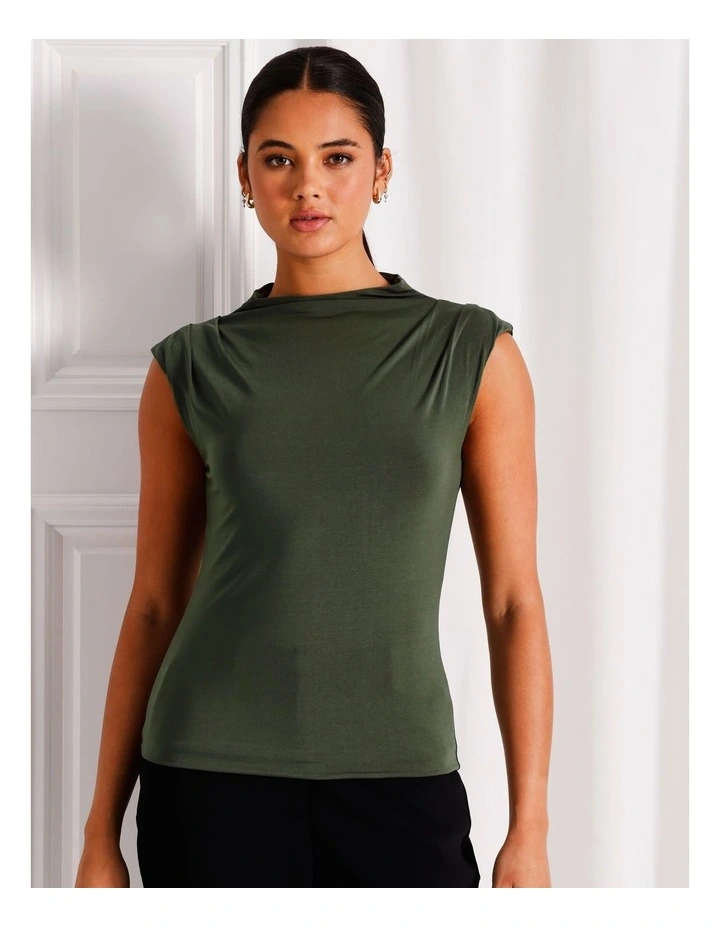 Soft Jersey High Neck Drape Top in Khaki image 5