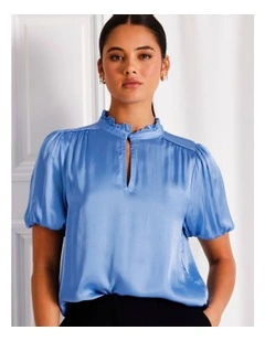 Satin Puff Sleeve Top in Cornflower