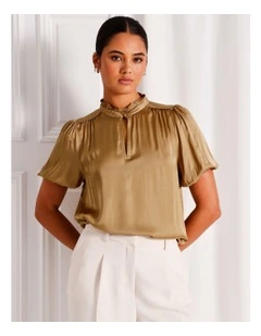 Satin Puff Sleeve Top in Camel