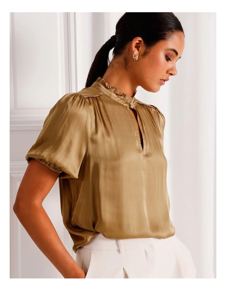 Satin Puff Sleeve Top in Camel image 3