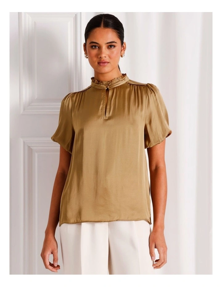 Satin Puff Sleeve Top in Camel image 4