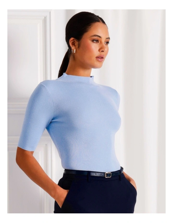 High Neck Short Sleeve Knit Top in Light Blue image 1