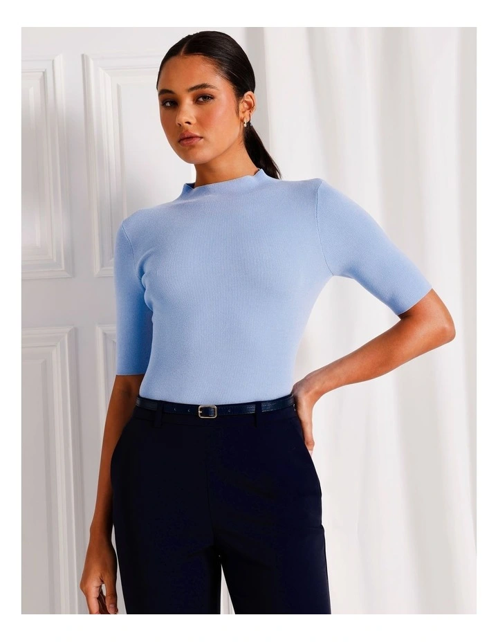 High Neck Short Sleeve Knit Top in Light Blue image 3