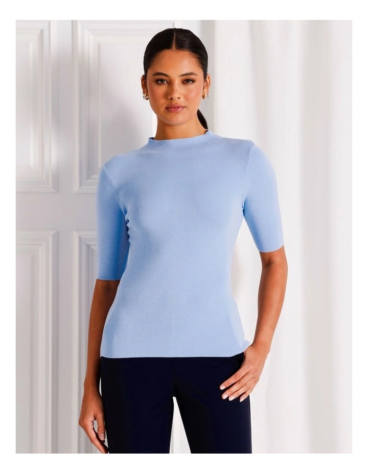 High Neck Short Sleeve Knit Top in Light Blue image 4