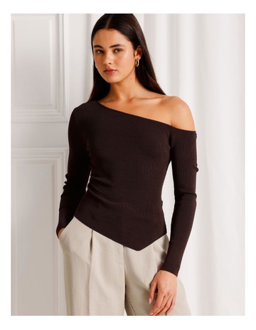 Asymmetrical Long Sleeve Knit Top in Dark Brown