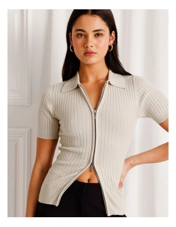 Short Sleeve Zip Front Top in Stone