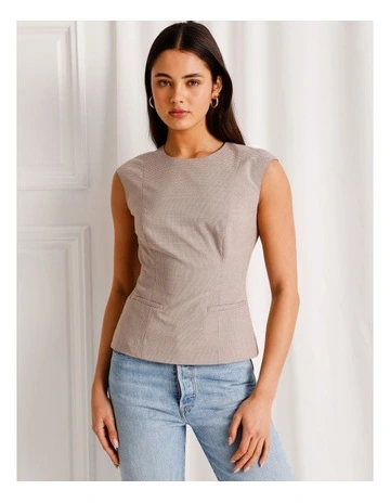 Check Crew Neck Tailored Top in Brown