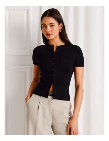 Cap Sleeve Button Down Knit Top in Black