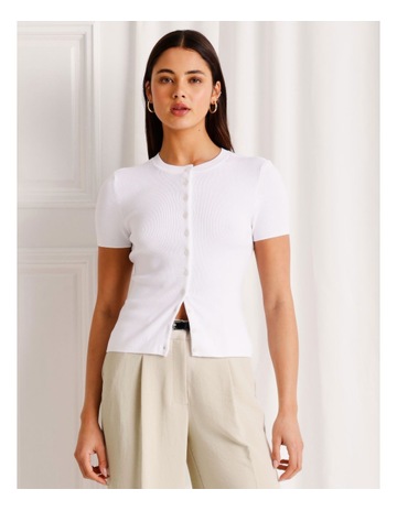 Cap Sleeve Button Down Knit Top in White